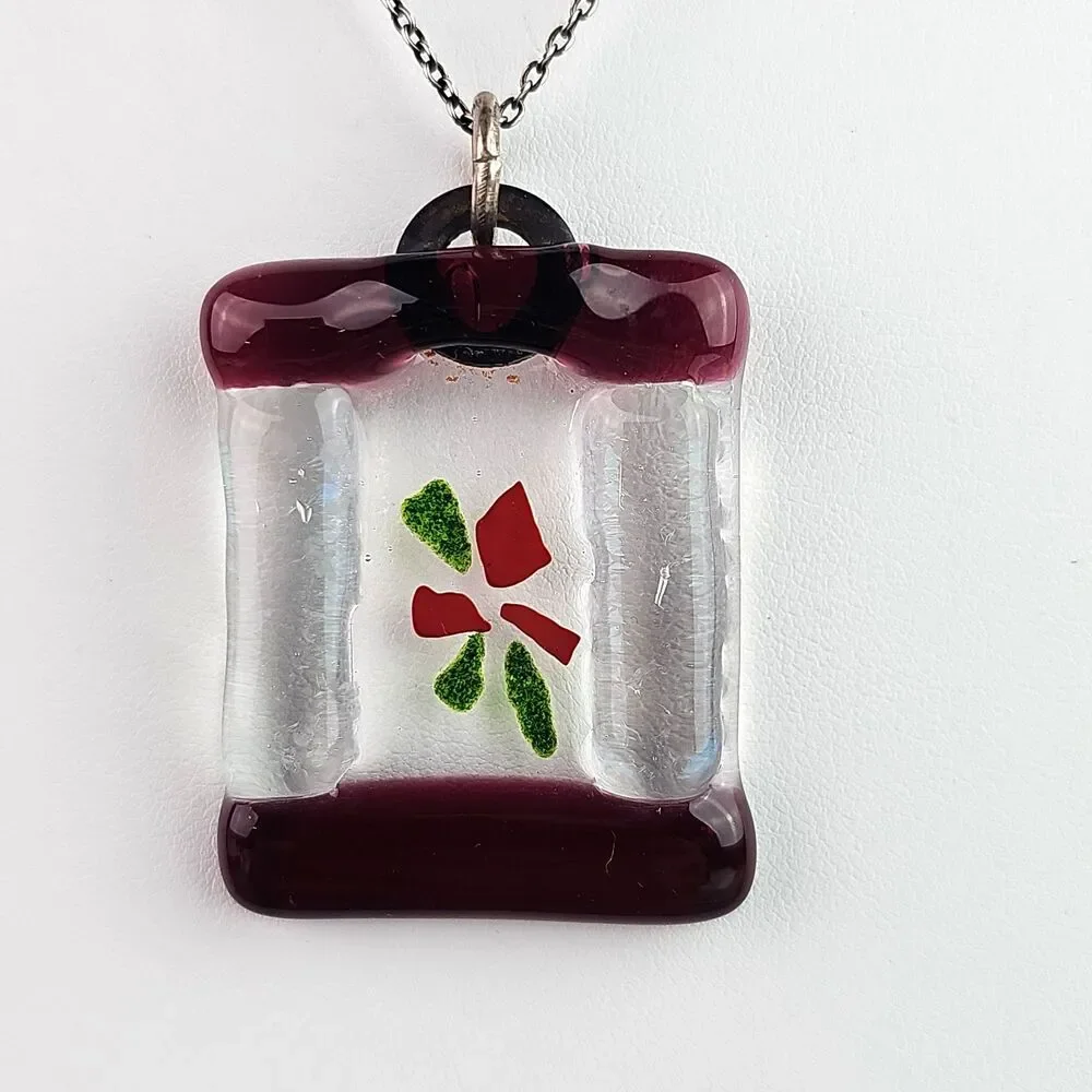 Fused Glass Pendant Necklace Festive Red Poinsettia 925 Sterling Silver 16 in